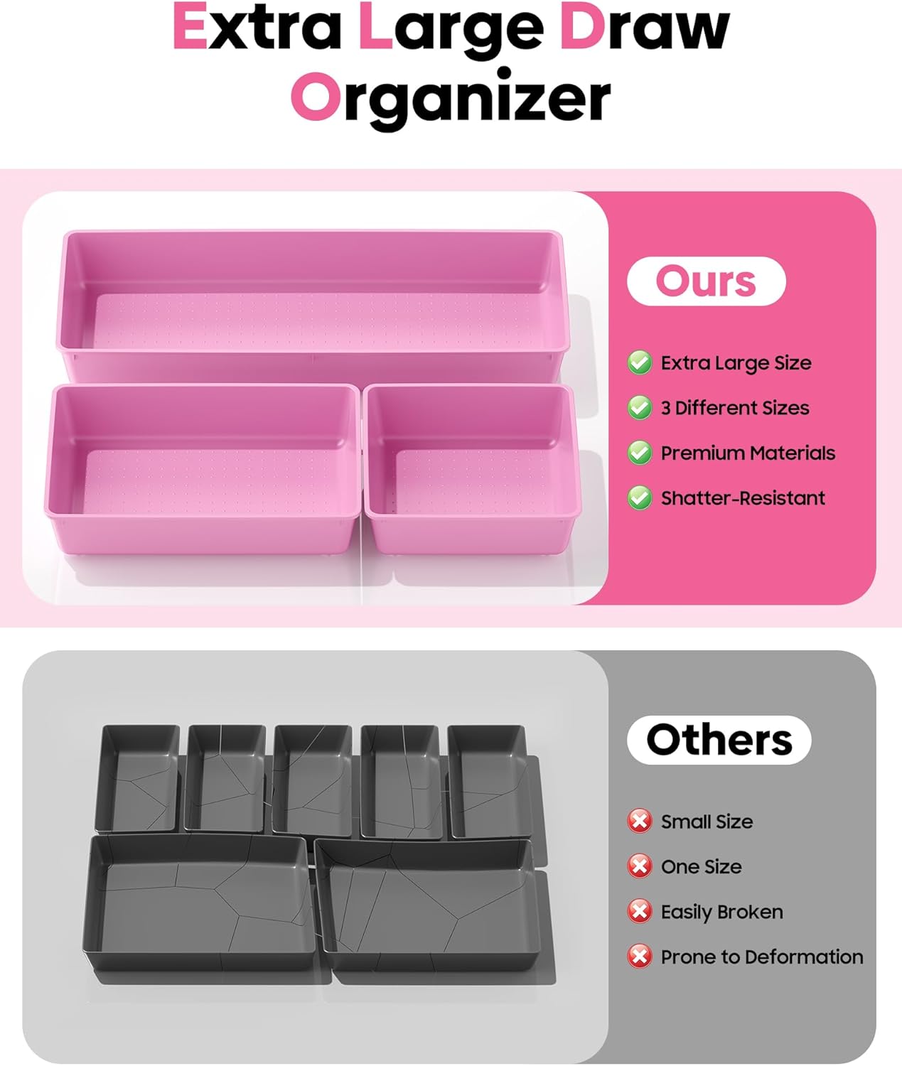 10 Pack Large Size Plastic Drawer Organizers Set, 3 Sizes Desk Drawer Organizer Trays, Storage Bins for Vanity, Makeup, Bathroom, Kitchen Utensils and Office (Black)