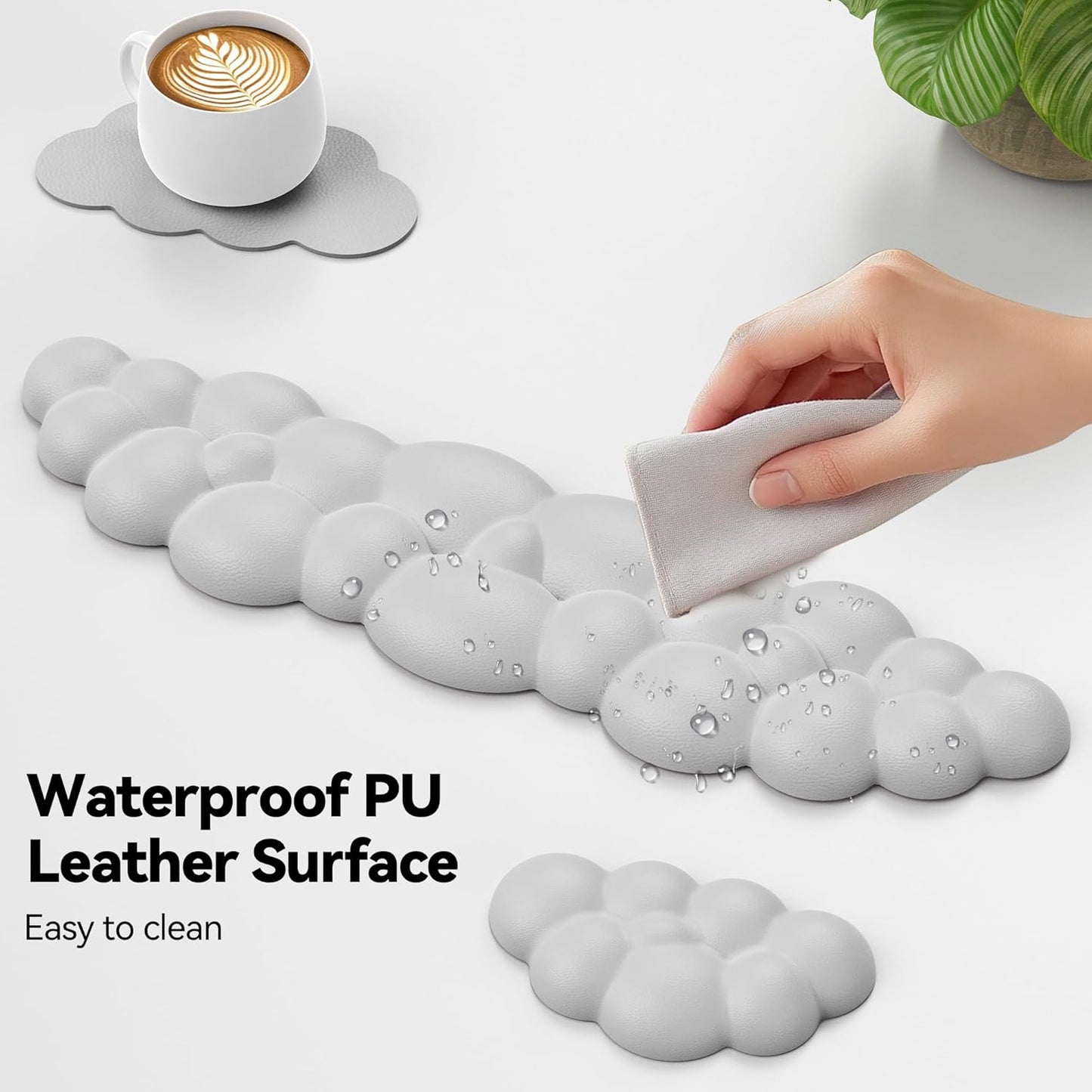 TECKNET Cloud Keyboard Wrist Rest Set, Cloud Wrist Rest with Non-Slip Base, PU Leather Wrist Pad for Keyboard with Ergonomic Memory Foam for Computer Laptop Office Gaming and Pain Relief, White