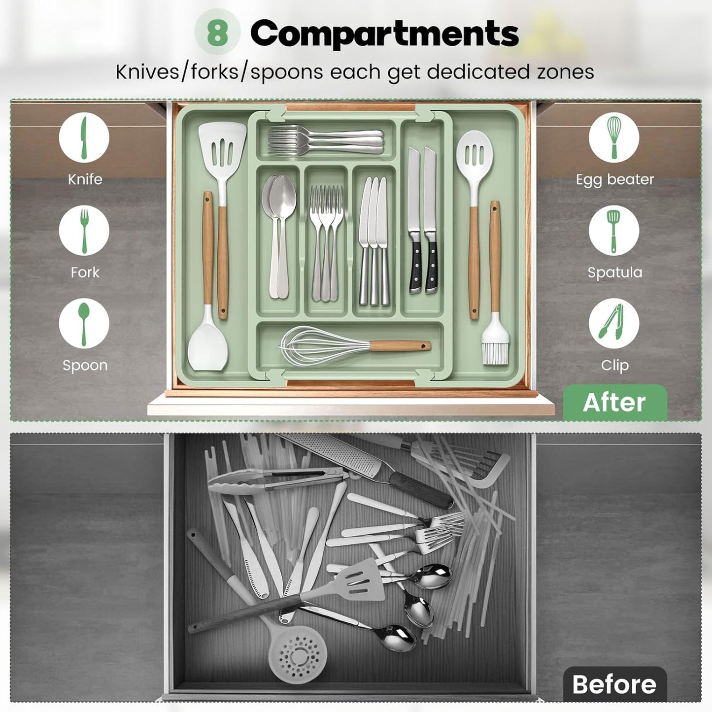 Caperci Large Silverware Organizer for Kitchen Drawer & Utensils - Expandable Drawer Organizer for Cutlery, Flatware & Gadget, BPA-Free Thick Plastic, Wider Compartments & Non-skid Feet (Tofu)