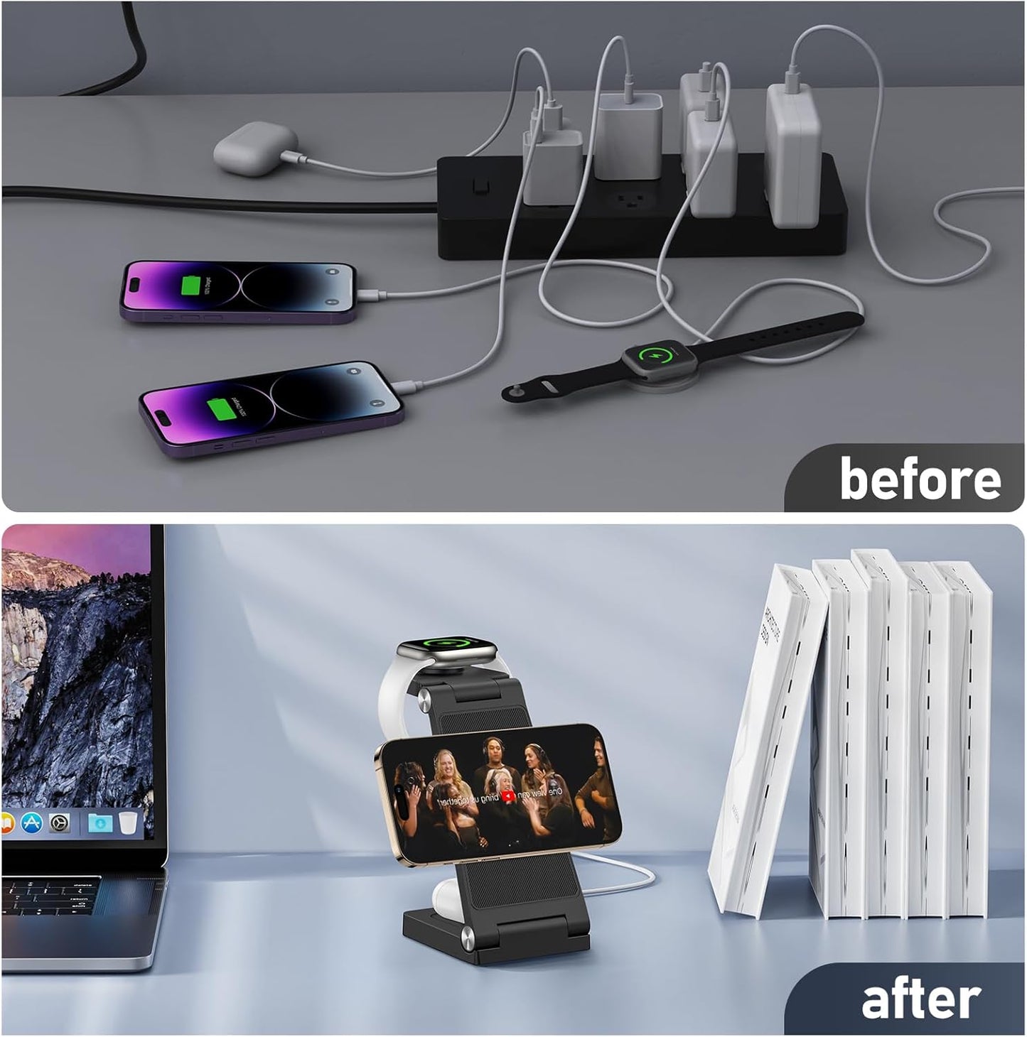 Magnetic Wireless Charger Stand, 3 in 1 Foldable Wireless Charging Station with 20W Adapter, Travel Charger for Multiple Devices for iPhone 17 16 15 14 13 12 Pro/Max/Plus/Mini, iWatch, AirPods