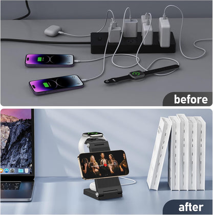 Magnetic Wireless Charger Stand, 3 in 1 Foldable Wireless Charging Station with 20W Adapter, Travel Charger for Multiple Devices for iPhone 17 16 15 14 13 12 Pro/Max/Plus/Mini, iWatch, AirPods
