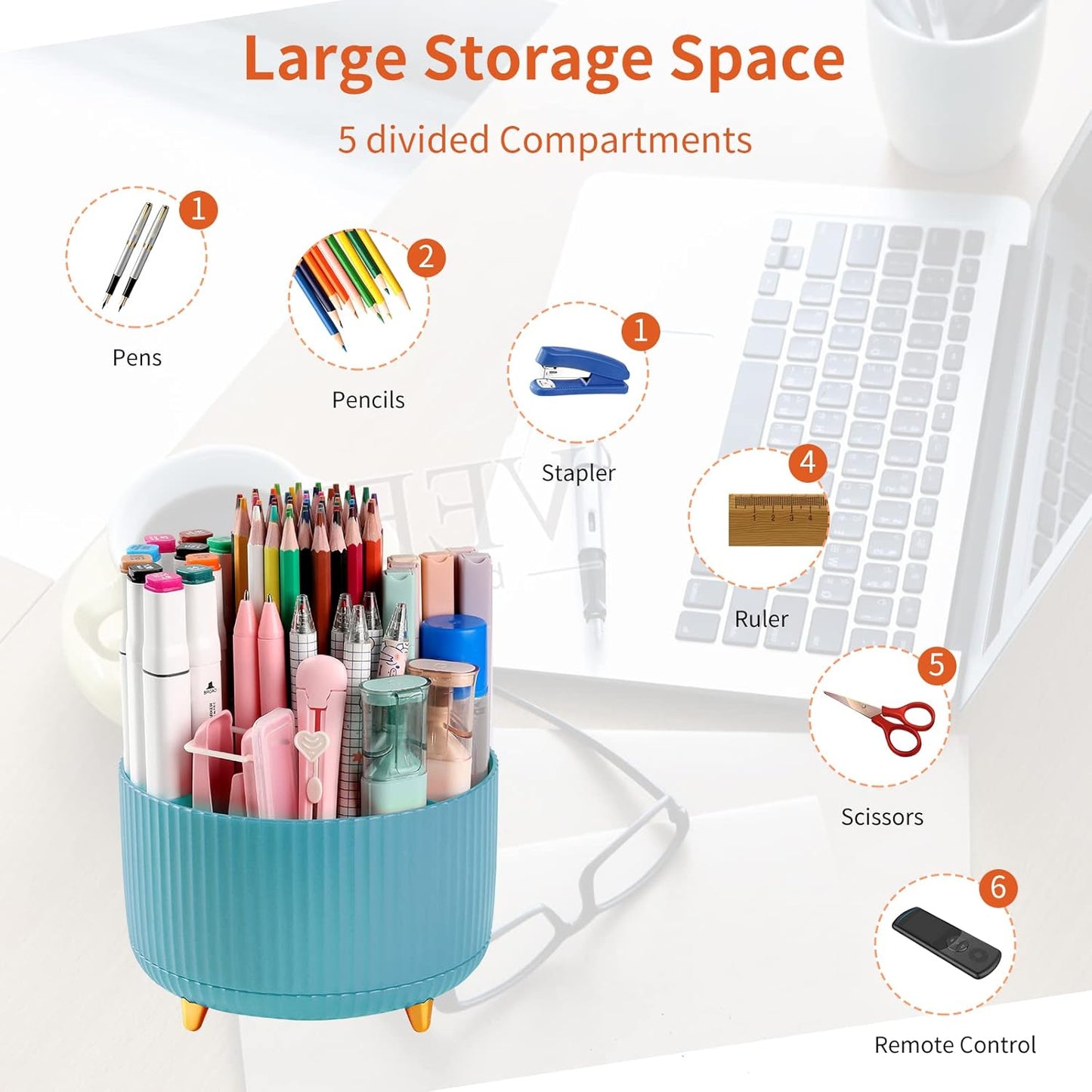 Desk Pencil Pen Holder, 5 Slots 360°Degree Rotating Pen Organizers for Desk, Desktop Storage Stationery Supplies Organizer, Cute Pencil Cup Pot for Office, School, Home, Art Supply, Dark Green