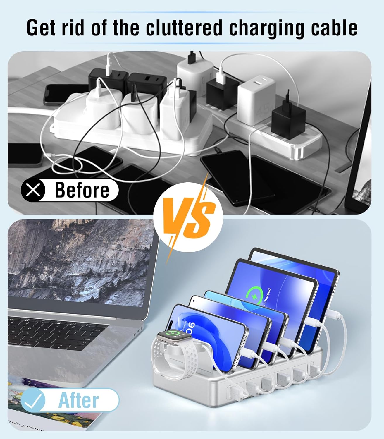 CREATIVE DESIGN Charging Station for Multiple Devices, 50W 6 Ports Charging Dock with 6 Cables Compatible with Cellphone,Tablet, Kindle, Apple Watch and Other Electronic