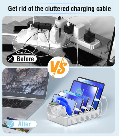 CREATIVE DESIGN Charging Station for Multiple Devices, 50W 6 Ports Charging Dock with 6 Cables Compatible with Cellphone,Tablet, Kindle, Apple Watch and Other Electronic