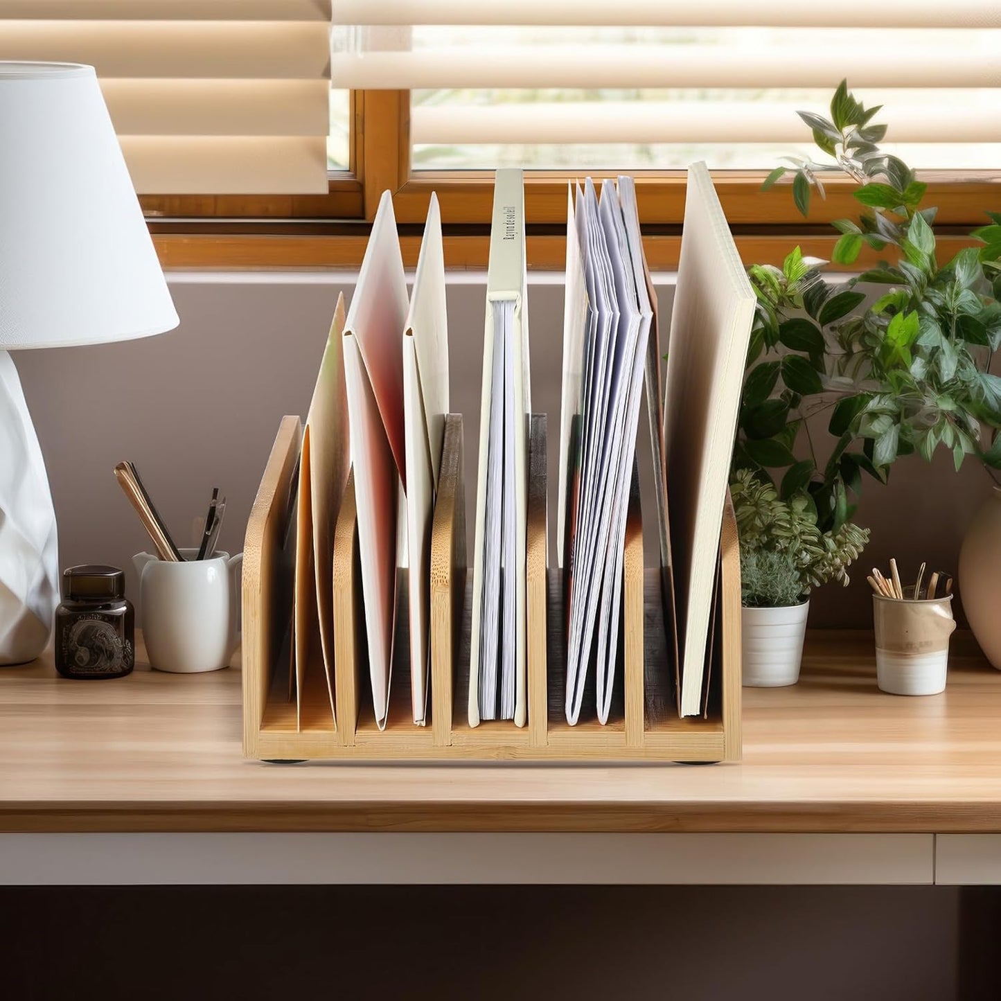 Lineshading Desk Mail Organizer Bamboo File Holders Countertop Paper Organizer Letter Sorter 5 Compartments Envelope Holders with Anti Slip Mat for Home Office School Desktop Document Storage