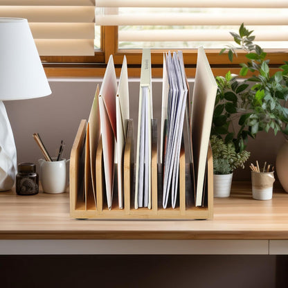 Lineshading Desk Mail Organizer Bamboo File Holders Countertop Paper Organizer Letter Sorter 5 Compartments Envelope Holders with Anti Slip Mat for Home Office School Desktop Document Storage
