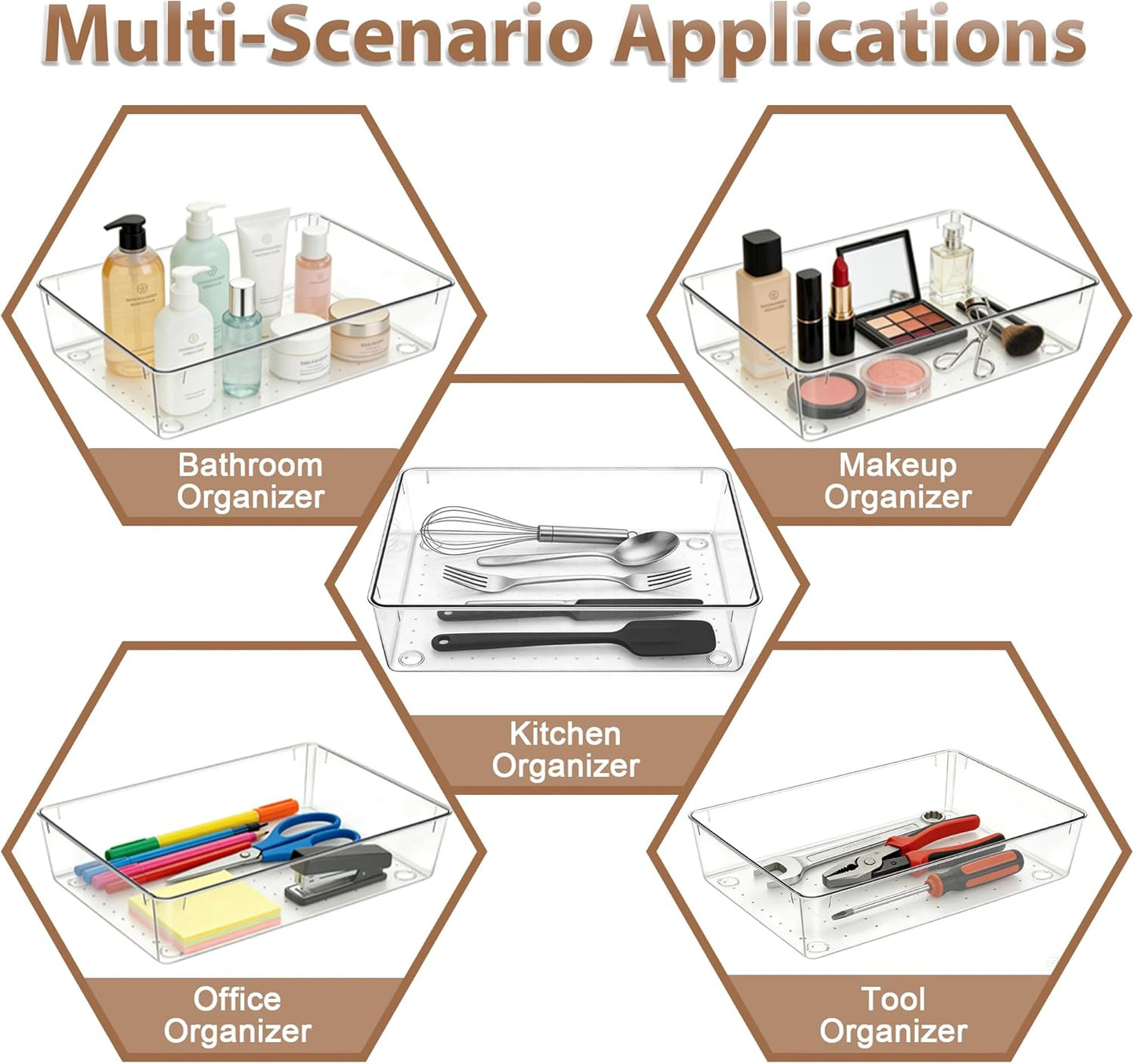 7Pack Desk Drawer Organizers, 6"*9" makeup acrylic drawer organizer trays for vanity, bathroom, office, nightstand, junk for kitchen drawer, Versatile plastic drawer divider storage bins