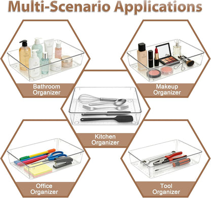 7Pack Desk Drawer Organizers, 6"*9" makeup acrylic drawer organizer trays for vanity, bathroom, office, nightstand, junk for kitchen drawer, Versatile plastic drawer divider storage bins