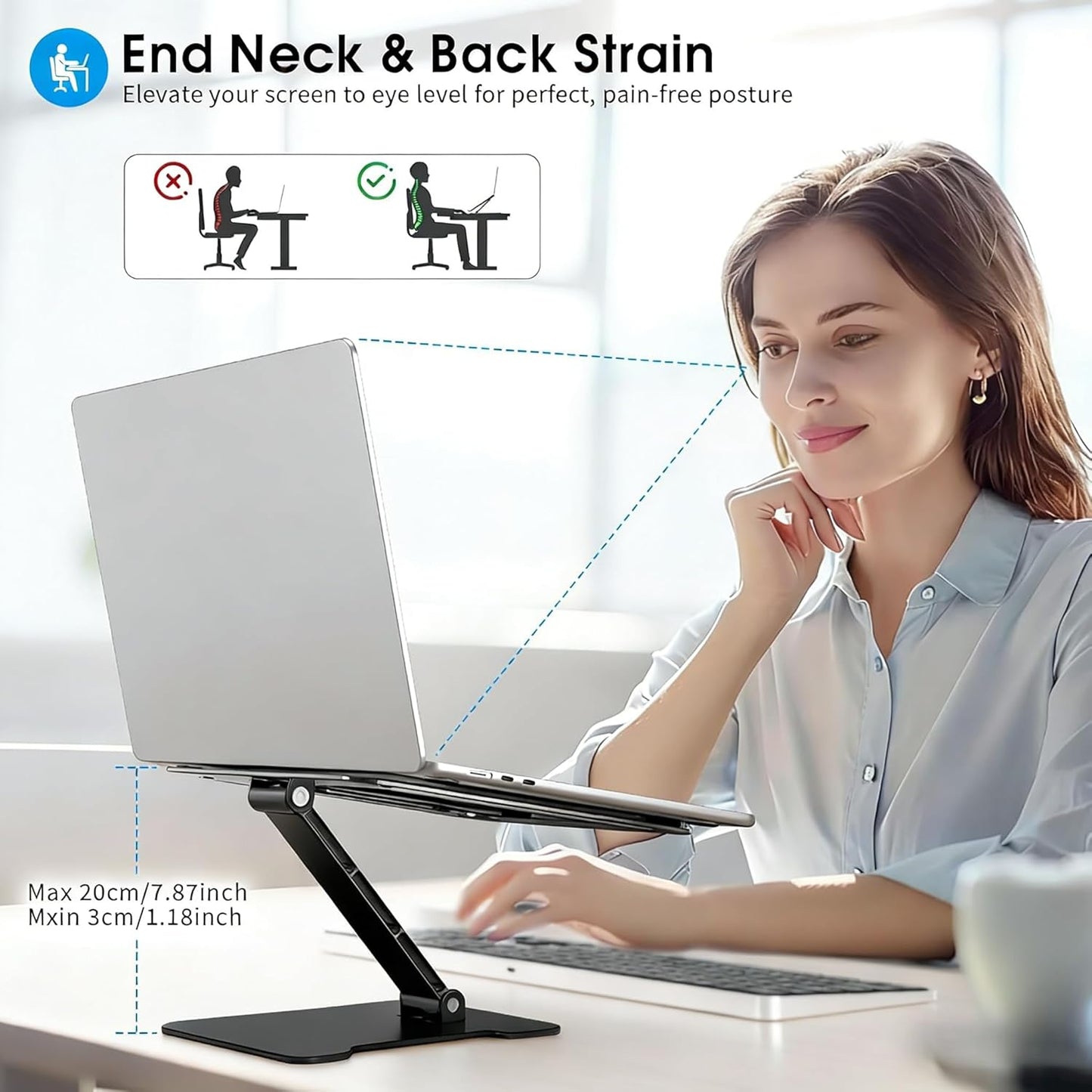 LRLKFX Laptop Stand Portable Foldable Aluminum Laptop Riser Height Adjustable Ergonomic Holder for Desk Compatible with MacBook Air Pro, Dell, HP, Lenovo & More 10-15.6" - Silver