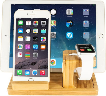 Bamboo Wood Multi-Device Desktop Charging Dock Station Charger Holder Cradle Charge Stand for iPhone 16 15 14 13 12 11 Pro Max iWatch 2 3 4 5 Compatible with iPad Mini Air Pro 2 3 Smartphones