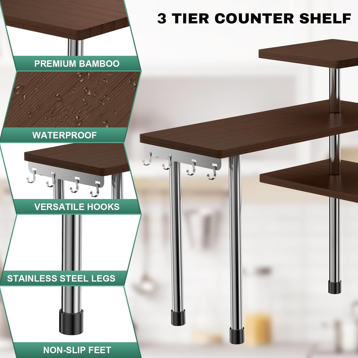 ZHWS Kitchen Countertop Organizer Spice Rack for Salt, Bathroom Counter Organizer Over Sink for Makeup, Skincare, Adjustable 3-Tier Corner Counter Shelf with 4 Hooks for Coffee Bar Dresser Table