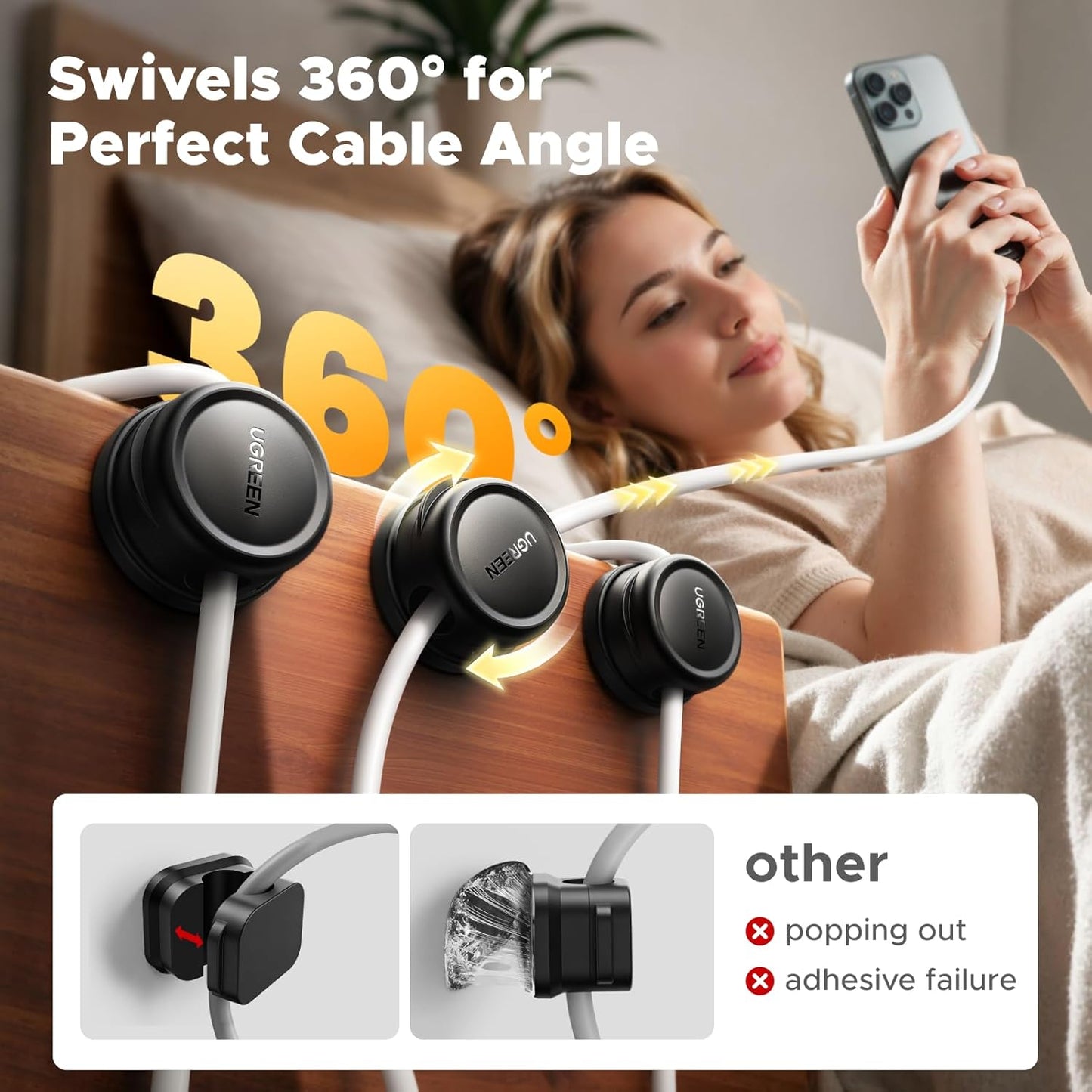 UGREEN Magnetic Cable Management Clips, 360° Rotation Desk Cord Organizer 1s Fast Locking, Strong Adhesive Cable Holder Fits Cables Wires for Workspace, Nightstand, Home Office,Car
