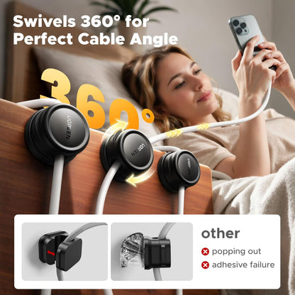 UGREEN Magnetic Cable Management Clips, 360° Rotation Desk Cord Organizer 1s Fast Locking, Strong Adhesive Cable Holder Fits Cables Wires for Workspace, Nightstand, Home Office,Car