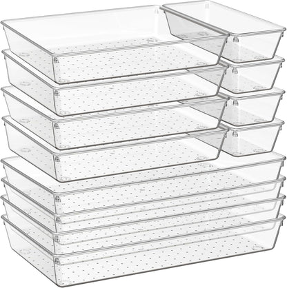 6 Pack Large Clear Plastic Drawer Organizer Trays, Acrylic Kitchen Drawer Organization and Storage Dividers, Non-Slip Storage Bins for Makeup, Kitchen Utensils, Bathroom, Jewelries and Office Desk