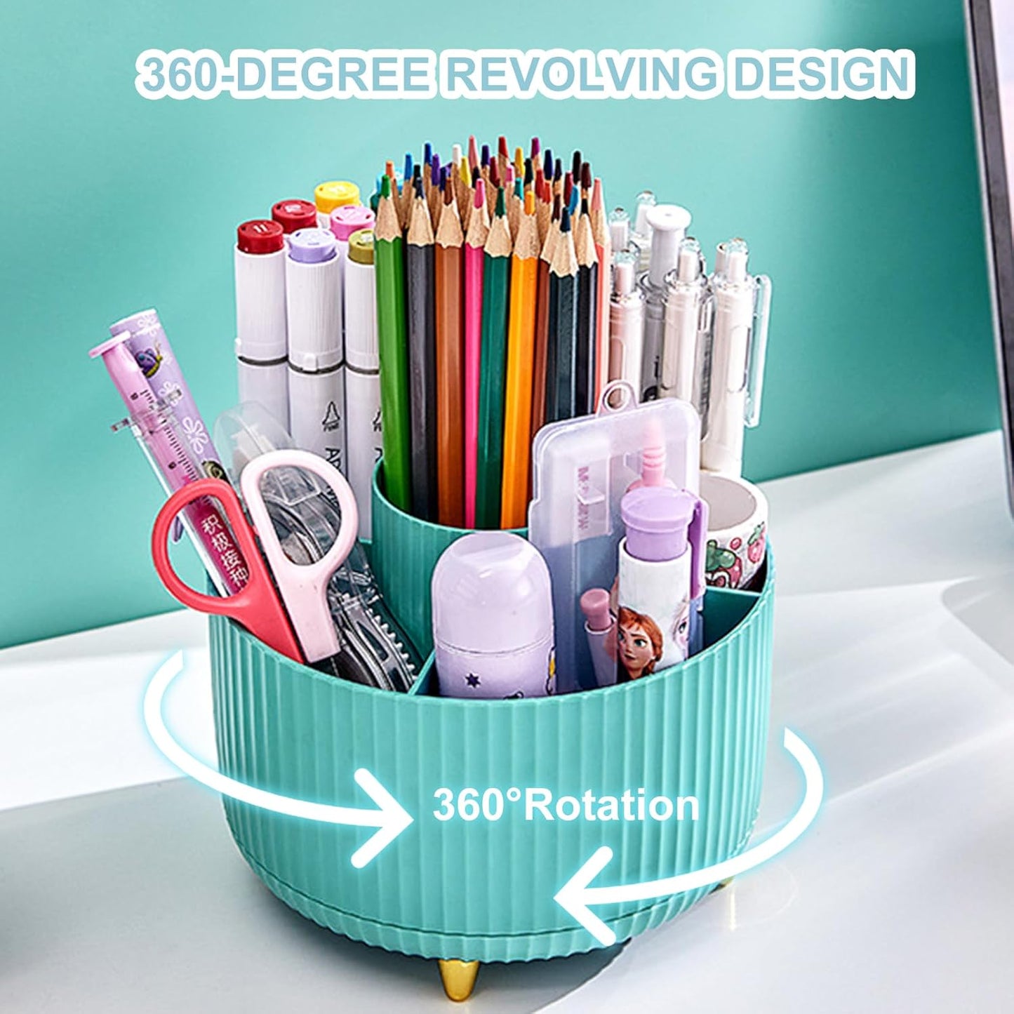 Cayxenful Pencil Holder For Desk,5 Slots 360°Degree Rotating Desk Organizers And Accessories,Desktop Storage Stationery Supplies Organizer, Cute Pencil Cup Pot For Office, School, Home (B-White)