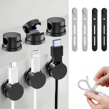 360° Rotatable Cord Organizer Set, 10 Pack Cable Holders & Silicone Cable Straps, Adhesive Wire Fixer for Desk Phone Charger, Nightstand Cable Management for Home Travel Office Accessories Black