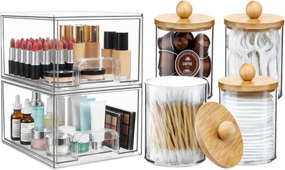 6 Pack Clear Stackable Storage Drawers & Qtip Holder Dispenser with Bamboo Lids, Acrylic Drawer Containers Plastic Organizer Bins for Makeup, Bathroom, Cabinet, Undersink
