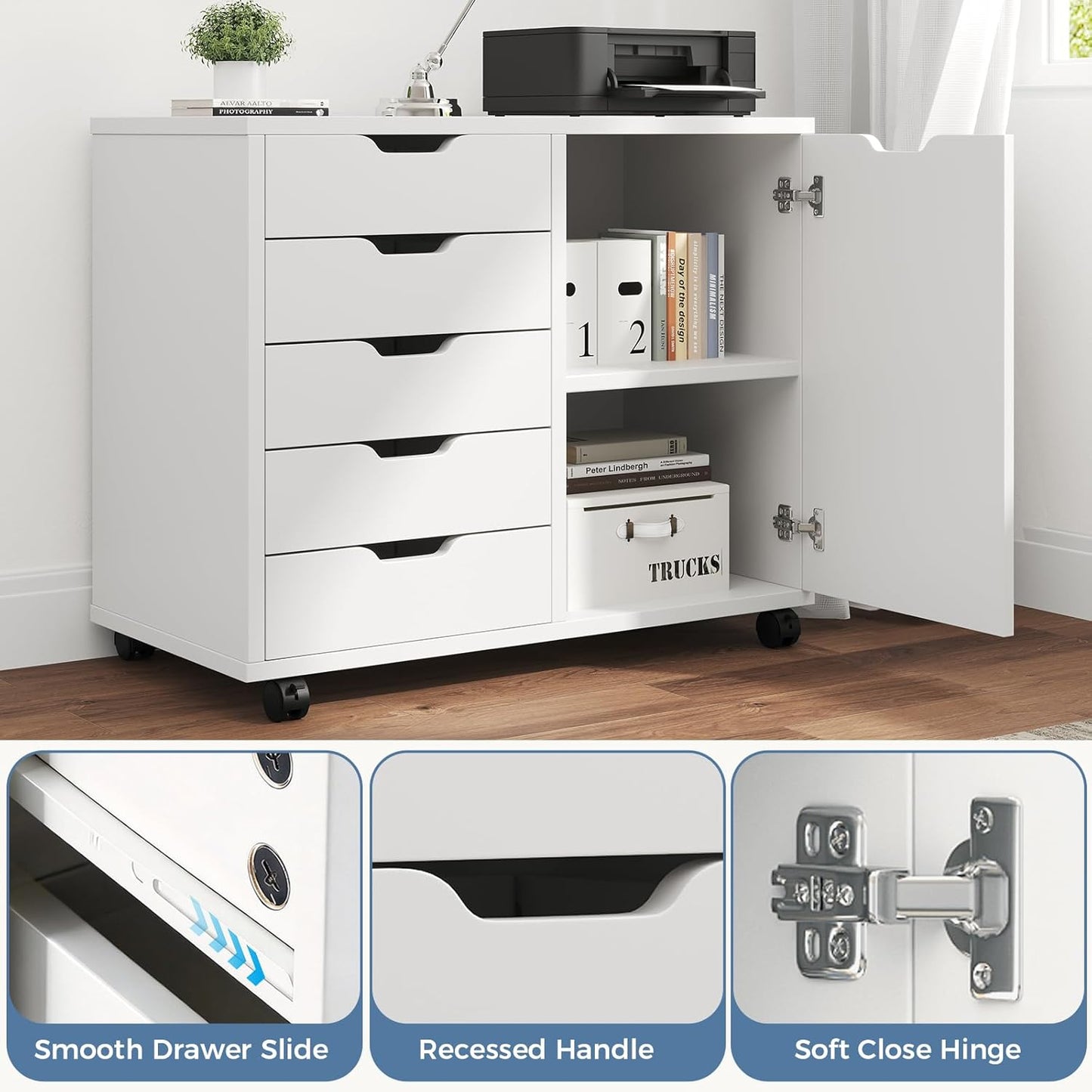 DUMOS 5 Drawer File Cabinet Office Drawers Organizer with Wheels Rolliing, Under Desk Cabinets with Shelves and Door Printer Stand with Wood Board Metal Frame for Home Office Storage Craft Room, Black