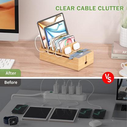 Pezin & Hulin Multi Charger Station Organizer Rack, Bamboo Cable Management Box, Power Strips and Cord Hider, Nightstand Device Organizer (Include 6 Cables)(No Power Charging Supply) -White