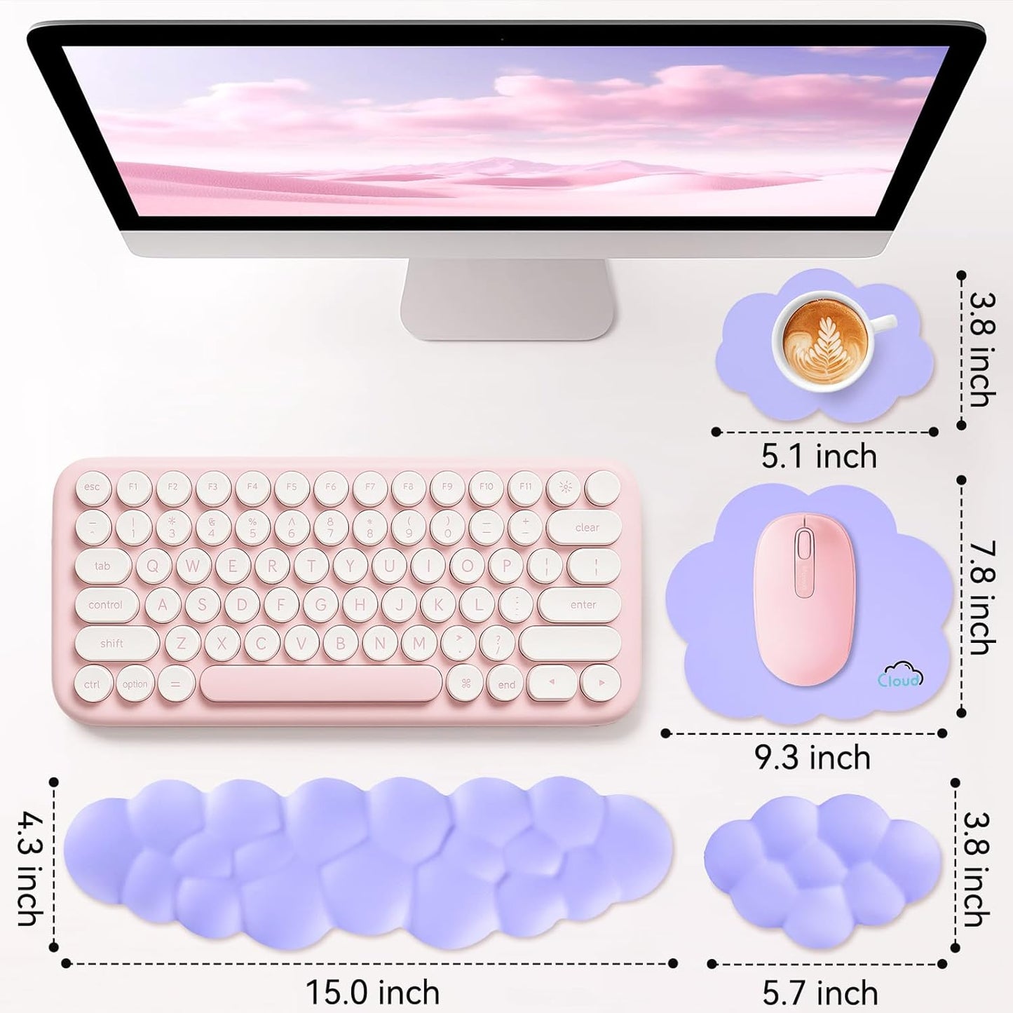 Sushret Cloud Wrist Rest for Computer Keyboard, 4-in-1 Memory Foam Leather Cloud Keyboard Wrist Rest and Mouse Pad Set with Ergonomic Support for Arm and Palm Cushion, Gaming/Work Setup, Rainbow