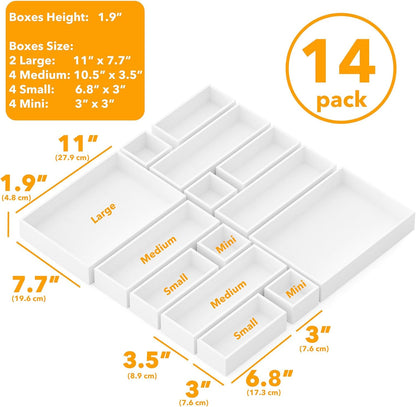 SpaceAid 14-Piece Bamboo Drawer Organizer Storage Boxes Set, Wood Tray Junk Drawer Organizers Multi-Use Divider Bins for Kitchen, Bathroom, Office Desk and Makeup Organization (14 Pack, Natural)