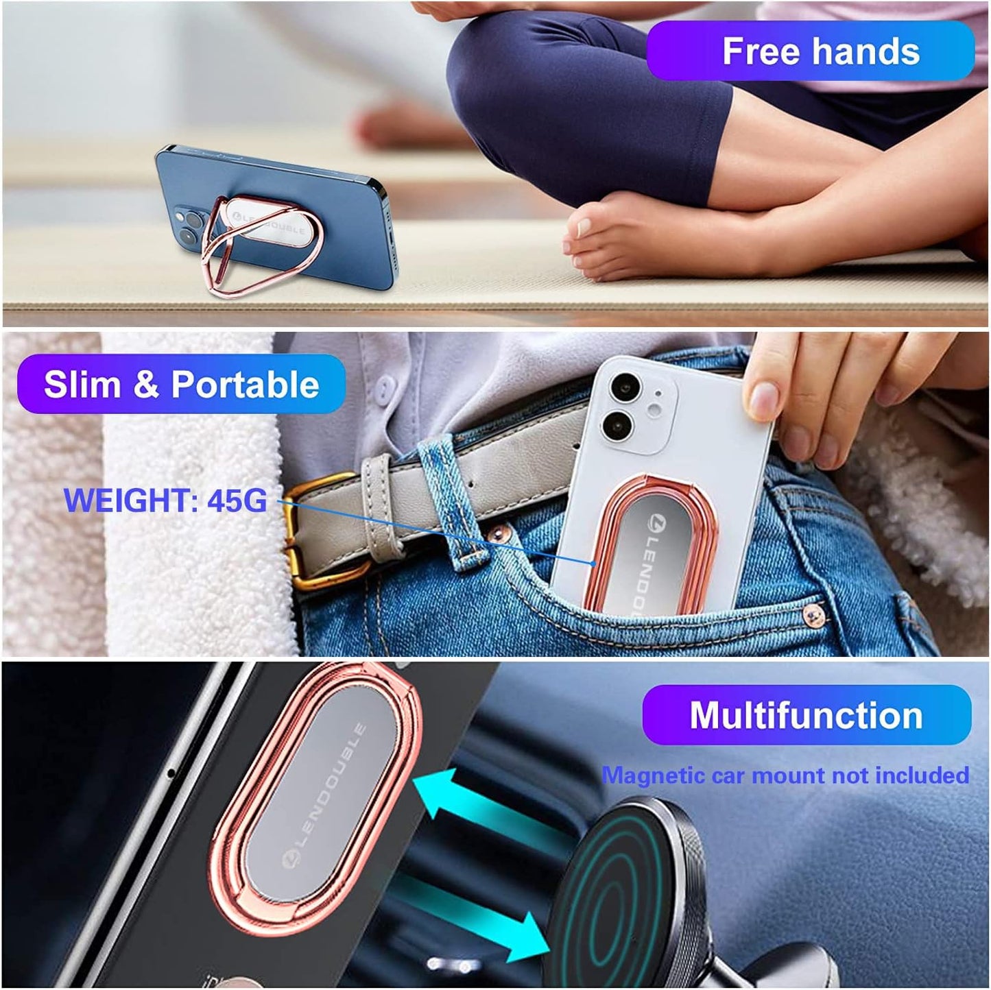 Foldable Cell Phone Stand for Desk, Adjustable Cellphone Ring Holder Finger Kickstand for Office Desktop & Magnetic Car Mount, Rotatable Multi-Angle Hand Grip for iPhone 16 15 Smartphones Back Case