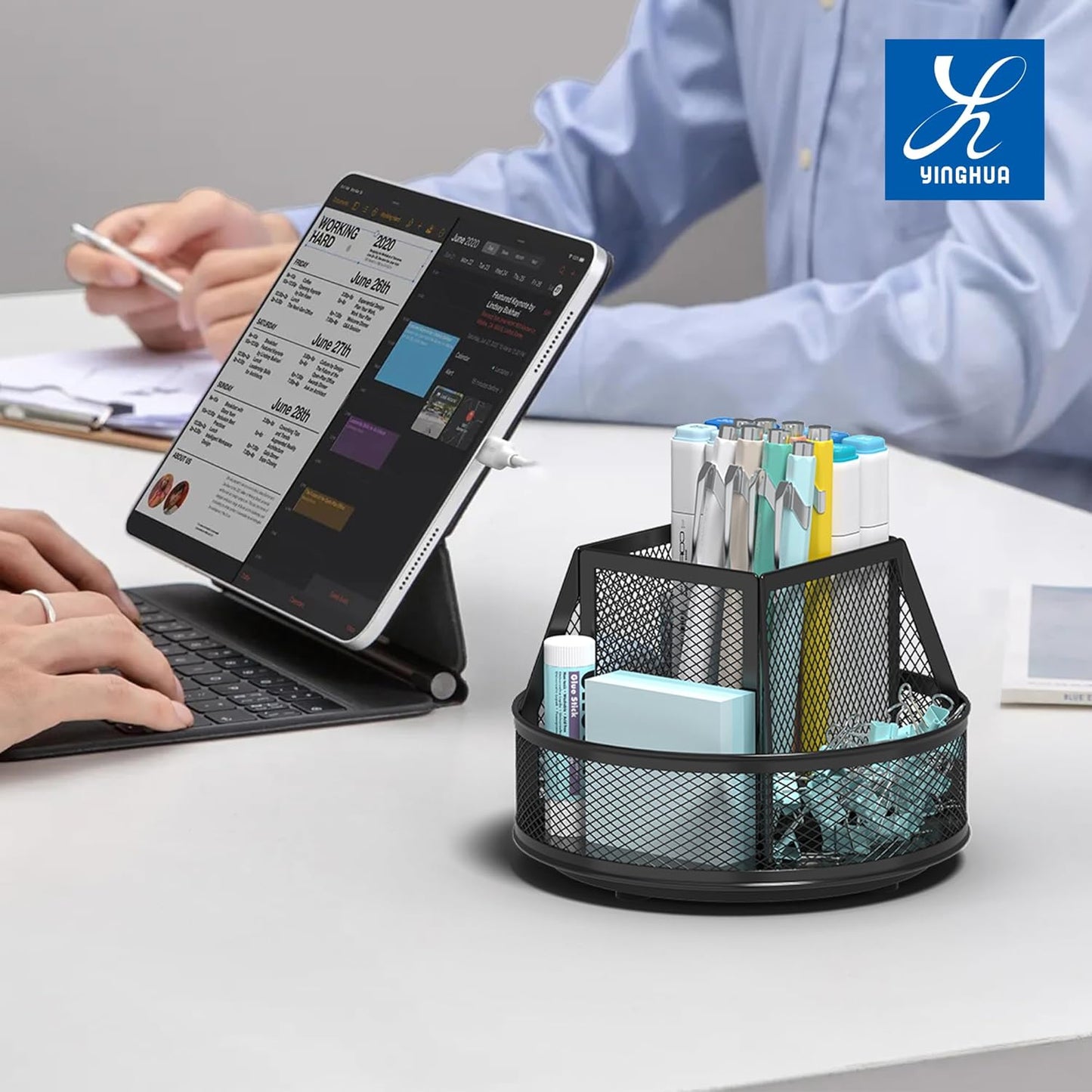 YINGHUA Metal Mesh Desk Organizer with 5 Compartments and Rotating Pencil Holder Pen and Stationery Organizer for Office Home School Anti Slip Base Blue