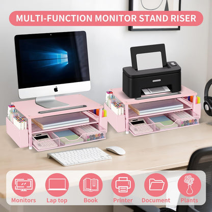AUPSEN Wood Desk Organizers and Accessories, 2-Tier Computer Monitor Stand Riser with Drawer, Pen Storage & Phone Holder, Office Desk Accessories, Workspace Desktop Organization for Office Supplies（Brown）