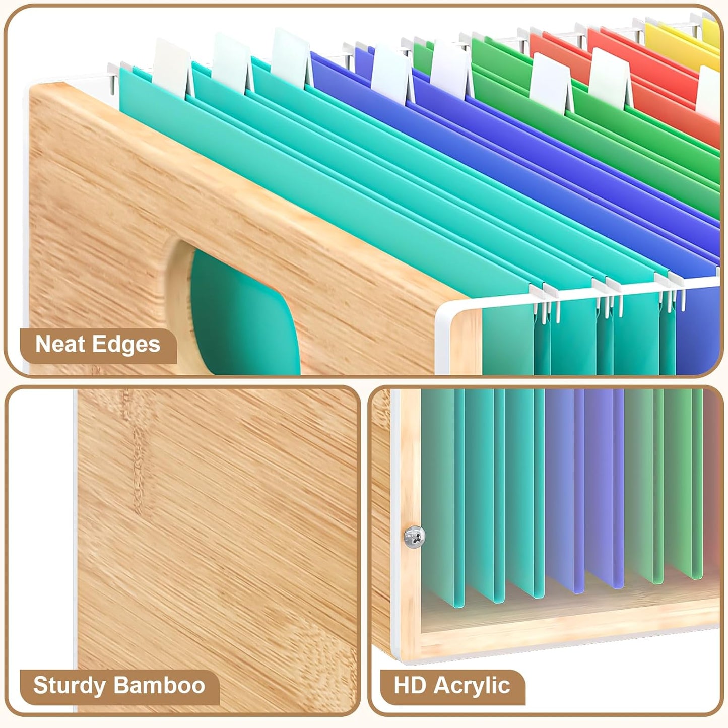 Sbanmao Clear Acrylic File Box Organizer, Bamboo Hanging Folder Storage Boxes, Filing Crate Bin Holder with Handle for Home Office Desk, Letter Size