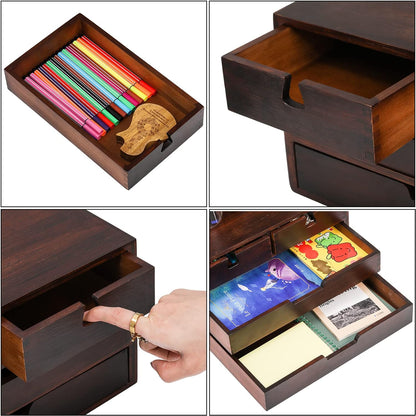 DEAYOU Bamboo Desk Organizer, 100% Natural Bamboo Desktop Drawer Organizer, Dark Brown Tabletop Storage Cabinet Organization Box with 4 Drawer for Makeup, Letter, Home, 3 Layer, Fully Assemble