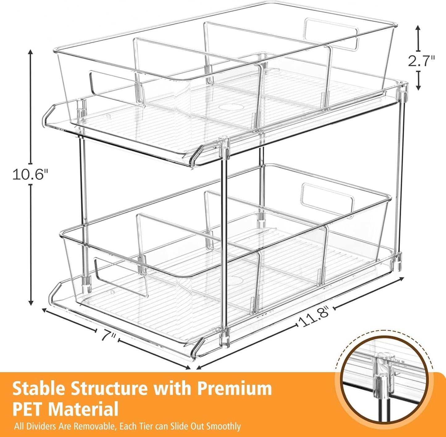 Fabspace Pull-out Home Organizer, 2 Pack 2 Tier Clear Bathroom Organizer with Dividers, Multipurpose Vanity Counter Tray, Kitchen, Closet Organizers, Cabinet & Storage Container Bins