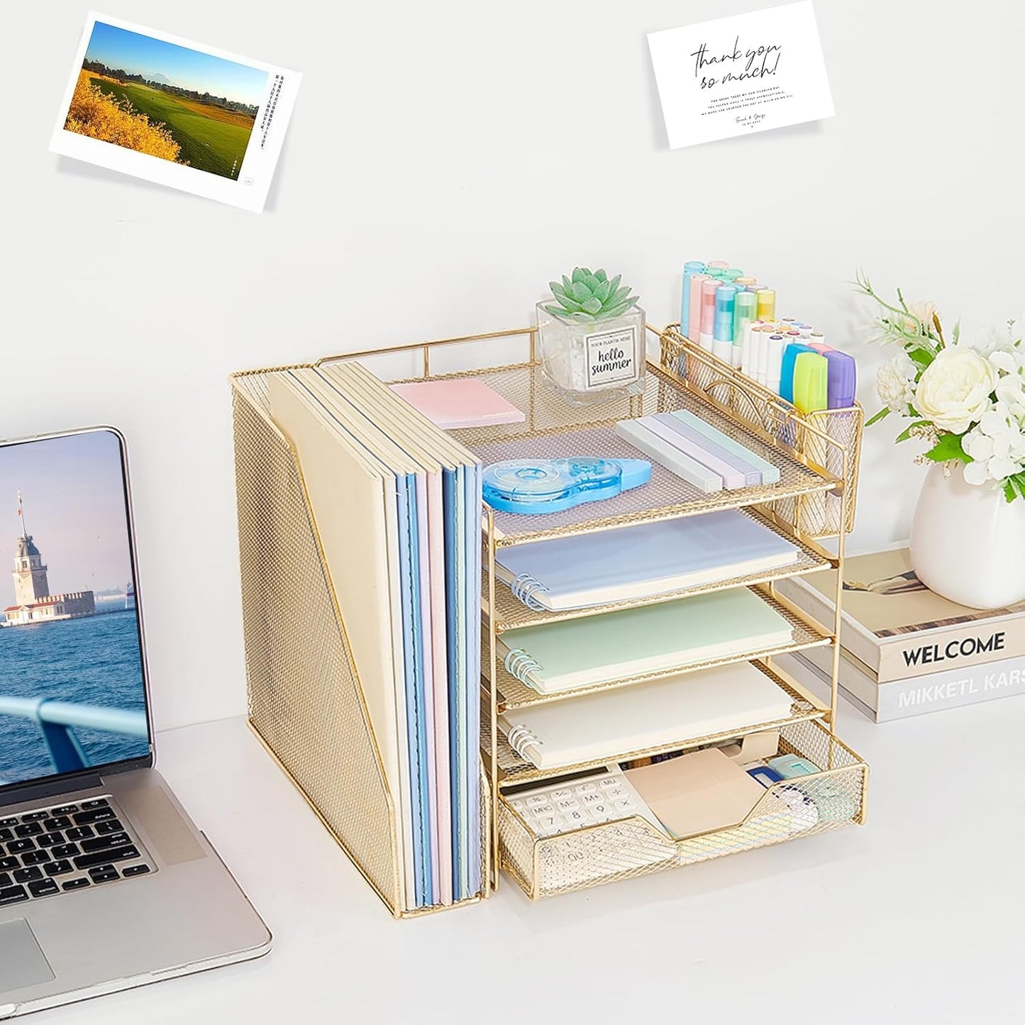 Desk Organizer, 5-Tier Paper Letter Tray Organizer with File Holder, Drawer and Pen Holder, Desktop Organizer for Office Supplies, Black