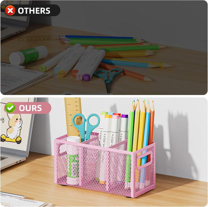 Marbrasse Mesh Pen Holder for Desk,Pencil Holder Desk Organizer 3 Adjustable Compartments,Pencil Cup with Handle Perfect for Classroom, Office, Home,Makeup,Art (Black)
