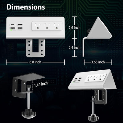 Nightstand Edge Mount Power Strip with USB-C Ports Tabletop Surge Protector Desk Clamp Power Sockets with 3 AC Outlets &4 Fast Charging USB Ports for Home Office Hotel and Dormitory