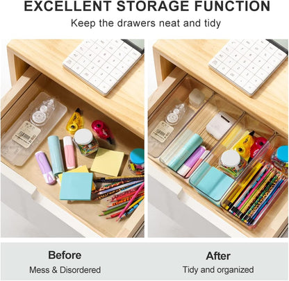 Hudgan 8 Pack Clear Plastic Drawer Organizer Bins Set, Stackable Cutlery Storage Bins Trays for Organizing Kitchen, Bathroom, Office, Crafts, Gadgets, Cabinet Supplies