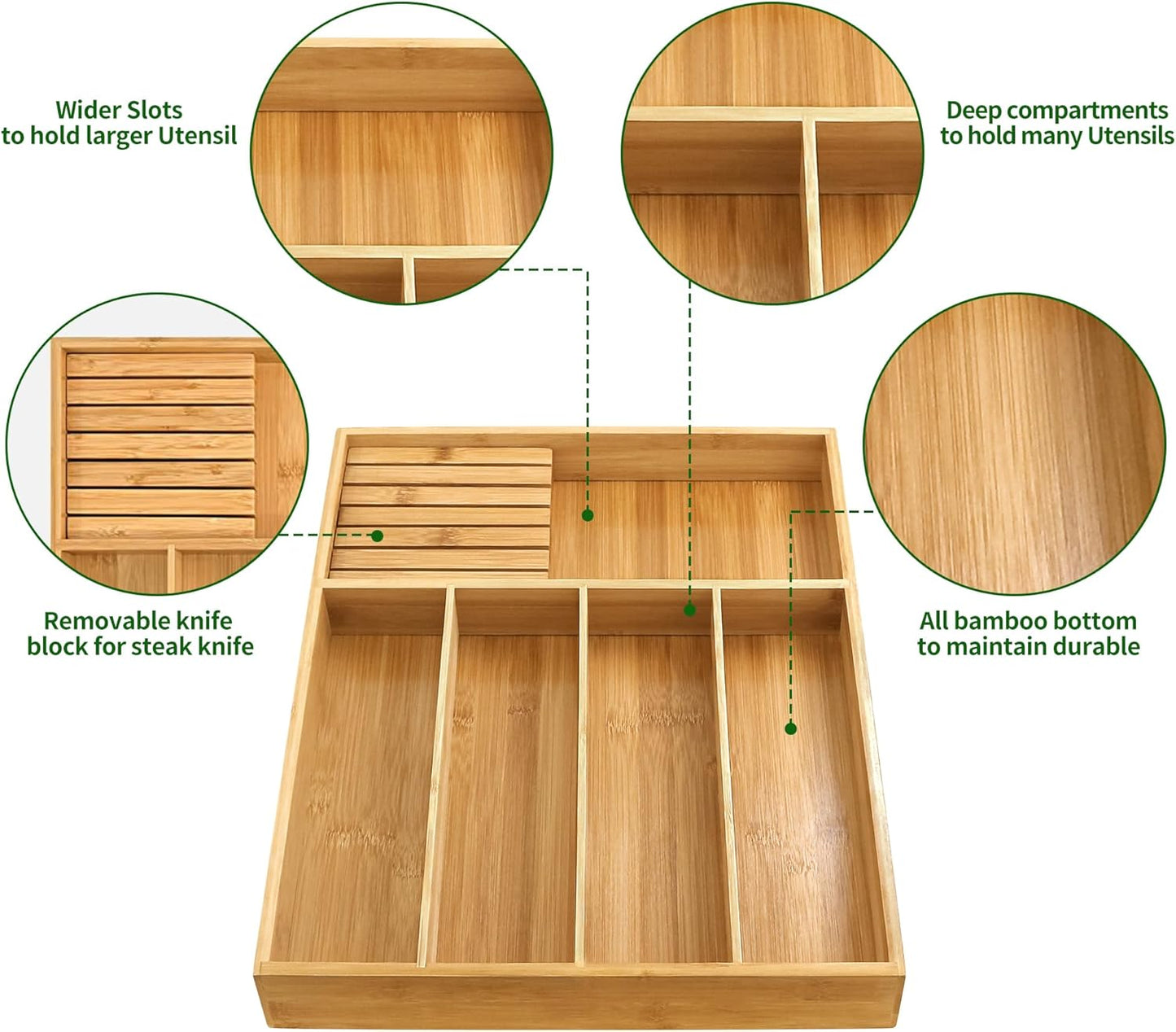 VaeFae Bamboo Silverware Drawer Organizer Kitchen, Expandable Utensil Organizer with Knife Block, Cutlery Tray with Divider, Multifunctional Drawer Organizer
