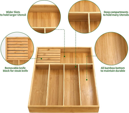 VaeFae Bamboo Silverware Drawer Organizer Kitchen, Expandable Utensil Organizer with Knife Block, Cutlery Tray with Divider, Multifunctional Drawer Organizer