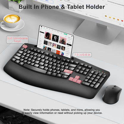 Wireless Keyboard and Mouse Combo, 2.4G Full Size Wave Keys Ergonomic Keyboard with Wrist Rest, Phone Holder, 3-Level DPI Wireless Silent Mouse with 6-Buttons, for Windows, Mac OS, Laptop, PC (Black)