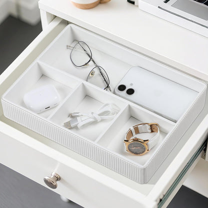 PU Leather Valet Tray, Decorative Trinket Vanity Desk Drawer Organizer Tray, Perfume Dish Catch All Bowl for Keys, Nightstand Drawer Organizer Women Men with 4 Compartments (Cream-White)
