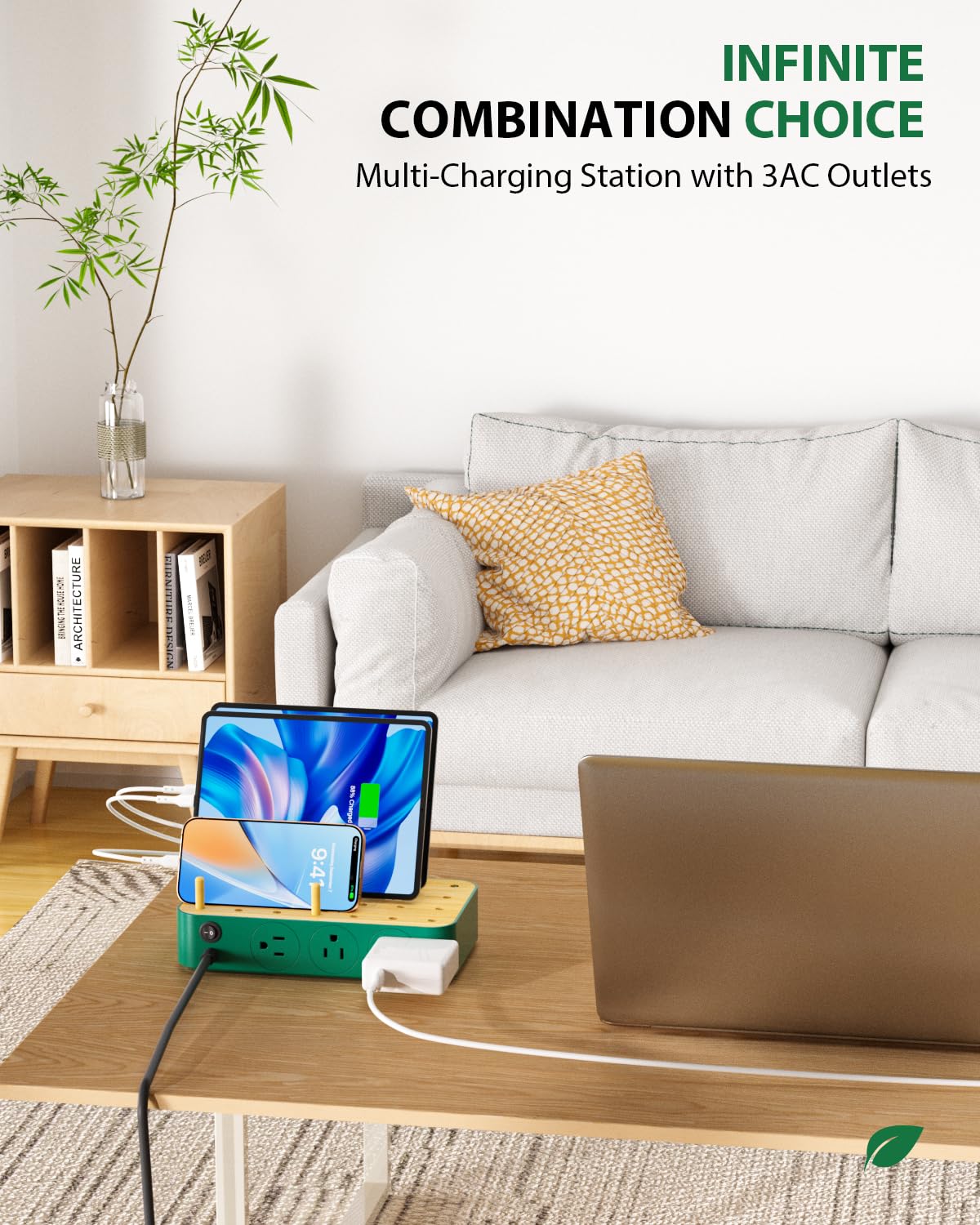 Bamboo USB-C Charging Station for Multiple Devices,60W 6 Port Charing Dock with 3 AC Outlets, 3 USB C, 3 USB A,6.6ft Power Cord for lPhone,lPad,Tablets (6 Mixed Cables Included),White