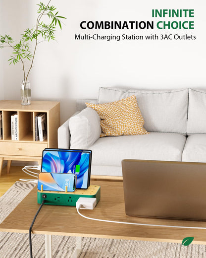 Bamboo USB-C Charging Station for Multiple Devices,60W 6 Port Charing Dock with 3 AC Outlets, 3 USB C, 3 USB A,6.6ft Power Cord for lPhone,lPad,Tablets (6 Mixed Cables Included),White