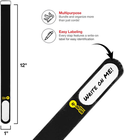 Wrap-It Storage Cinch-Straps, 5" 20 Pack (Red), Features Metal Buckle and Write on Label for Easy Cord Identification and Cable Management, Reusable Multi-Purpose Securing Cinch Straps