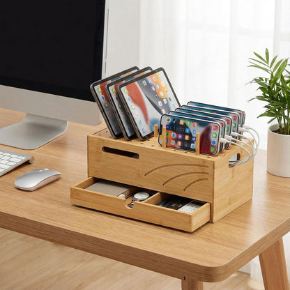 Homde Bamboo Charging Station Organizer: 2 Layer Charger Holder with Drawer for Office Home - Electronic Docking Stand for Multiple Devices, Tablets, Phones