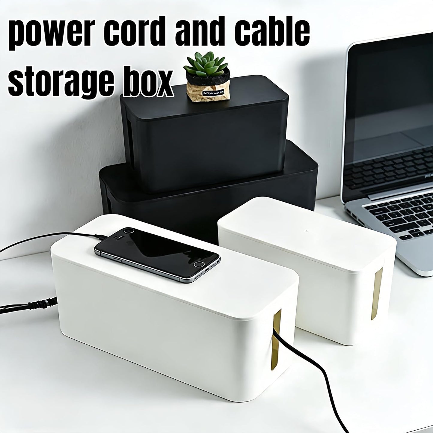 1Large+1Small Cable Organizer Set with 4 Silicone Cable Ties, 2-Piece Cable Management Box, Bamboo Lid Cord Organizer for Home Office,Set of Two Cable Box,Cable Organizer Box(Bamboo lid/White)