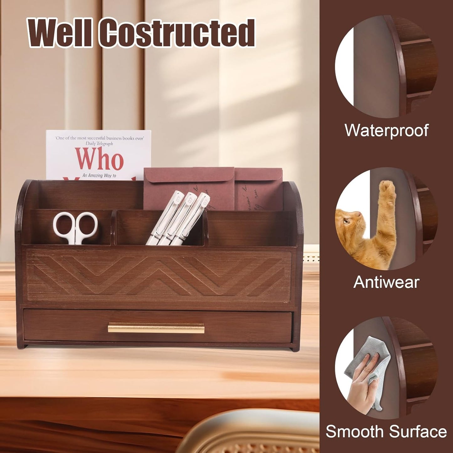 Mail Organizer Countertop Kitchen-White Mail Holder Countertop Drawers Wood Desk Drawer Tabletop Storage Organization Pen Holder Letter Sorter Makeup Organizer for School Home Office Supplies