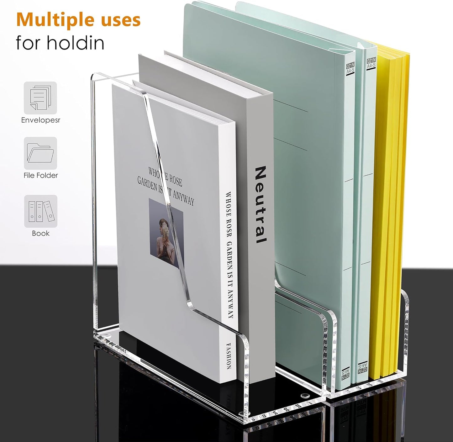SANRUI Acrylic Magazine Holder Desk Organizer Workspace Sorters，Clear Bookend File Sorter Holder，Folder Rack, Office Accessories Organization Storage with 3 Vertical Compartments