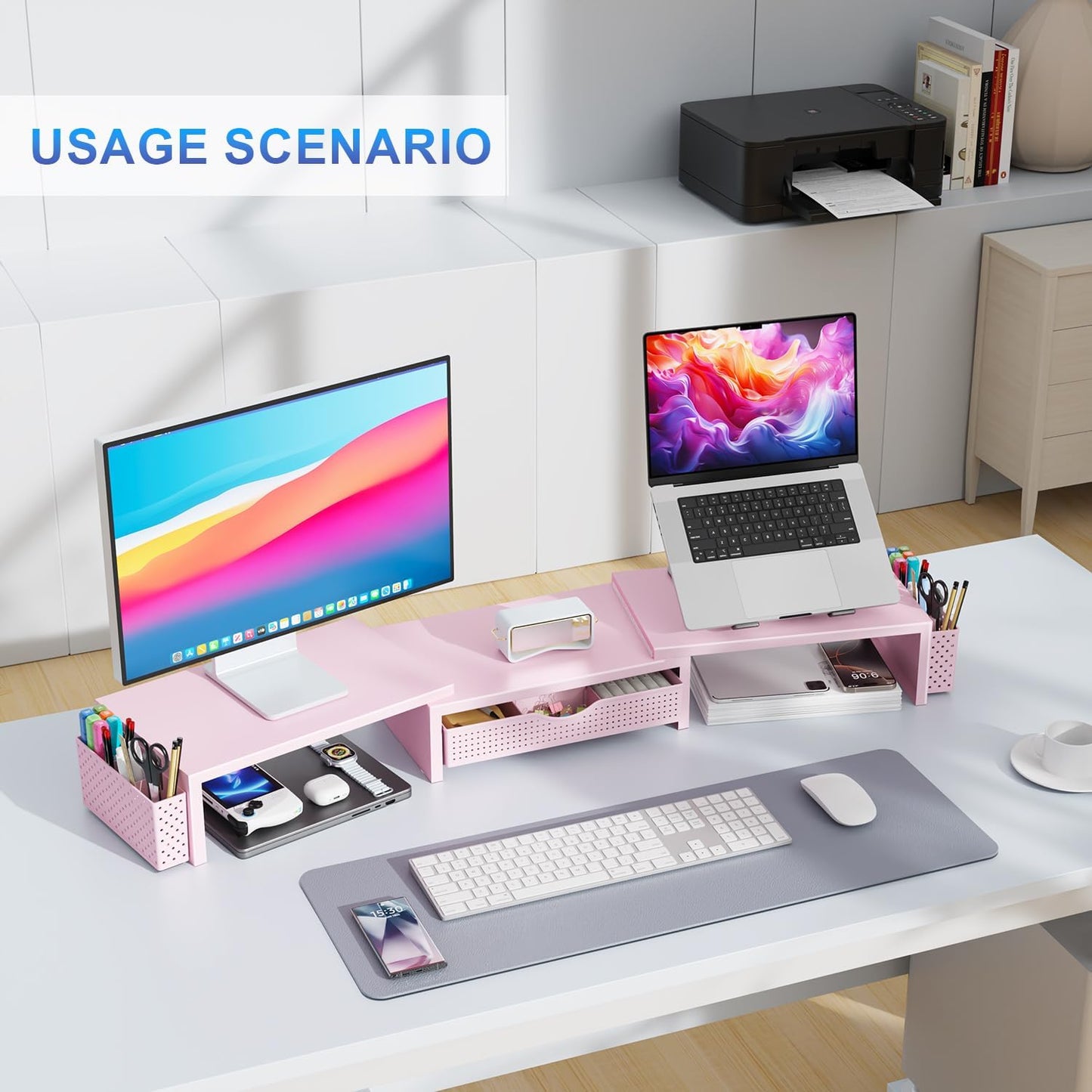 gianotter Dual Monitor Stand Riser, Desk Organizer With Drawer and 2 Pen Holders, Computer Monitor Stand, Shelf for Top of Desk, Black