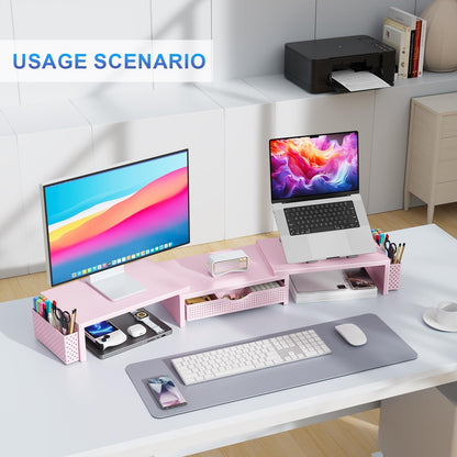 gianotter Dual Monitor Stand Riser, Desk Organizer With Drawer and 2 Pen Holders, Computer Monitor Stand, Shelf for Top of Desk, Black
