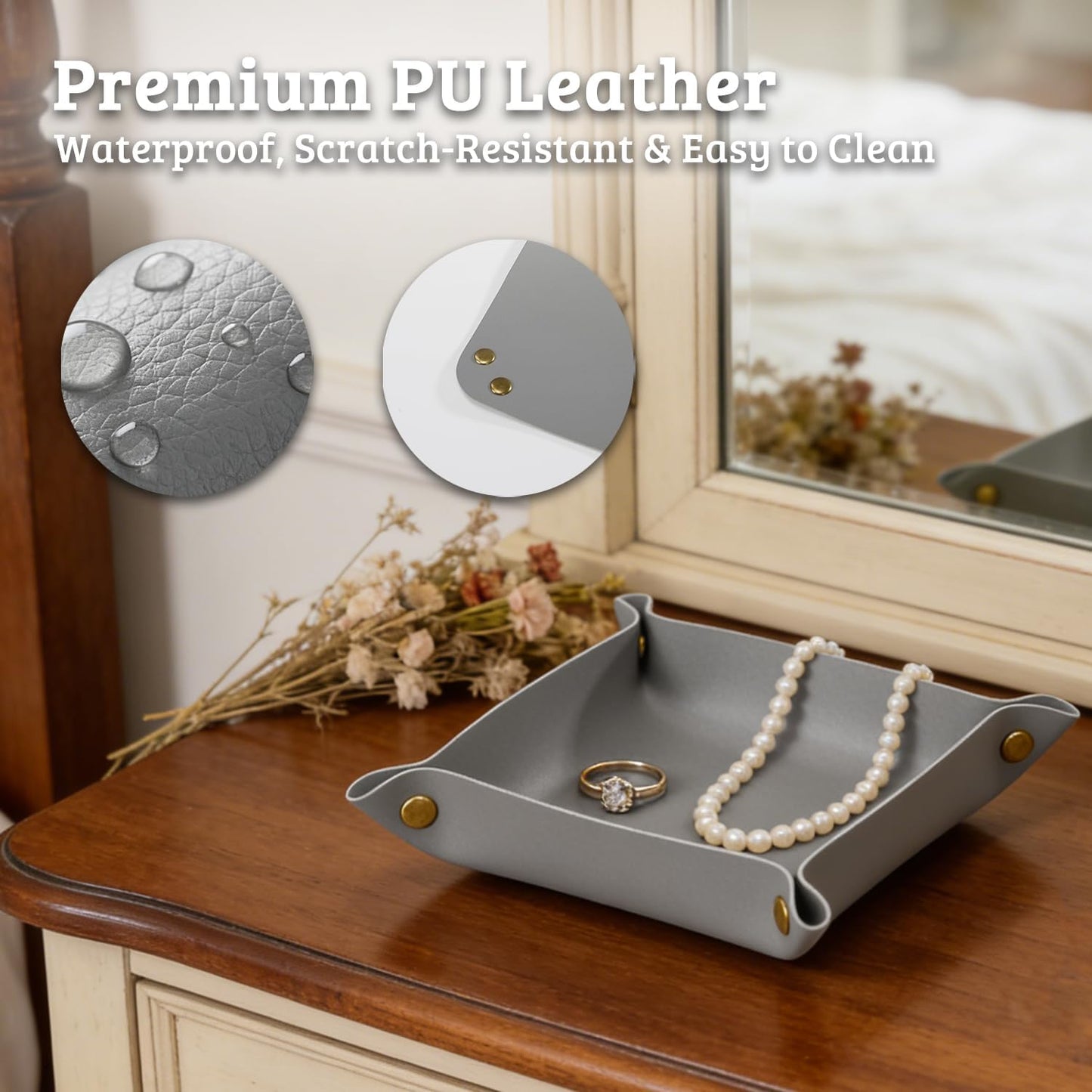3 PACK PU Leather Jewelry Valet Tray Organizer, Foldable & Portable Catch All Bowl for Entryway Table, Nightstand, Desk & Travel | Storage Dish for Keys, Watch, Coin, Glasses (Brown)