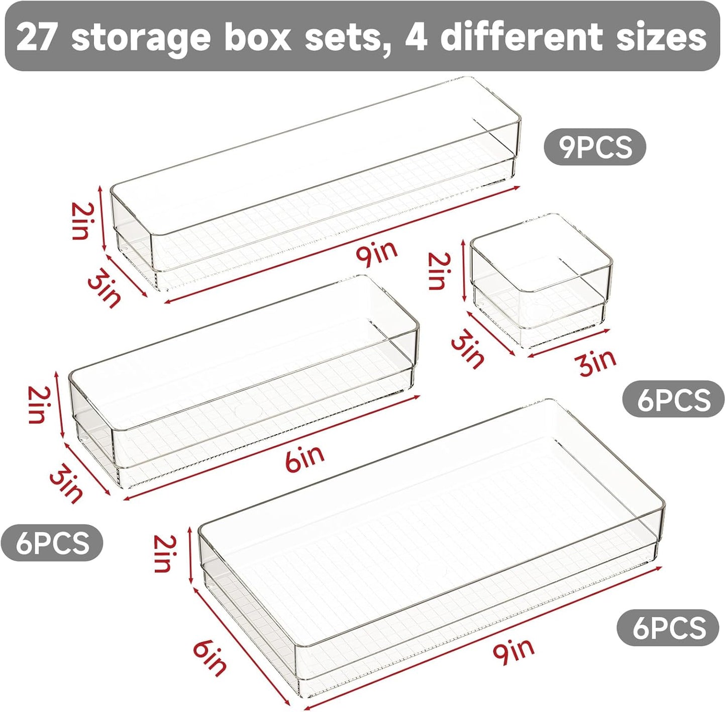 6 PCS Clear Plastic Drawer Organizer Set, 2 Sizes Acrylic Drawer Storage Trays Non Slip Storage Bins for Makeup, Jewelry, Gadgets for Kitchen, Bedroom, Bathroom, Office